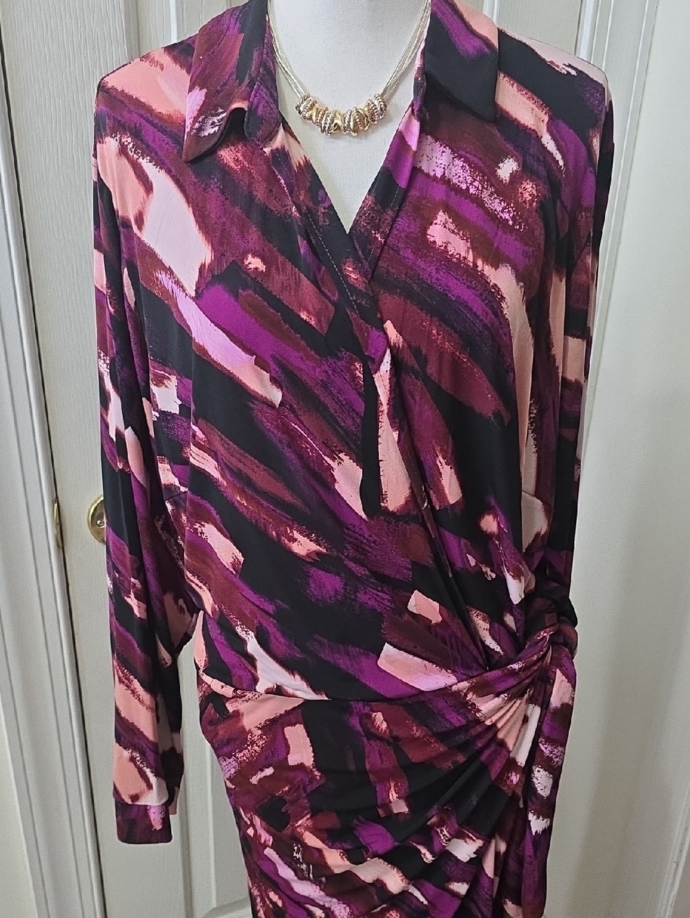 CLOVER & SLOANE WOMEN'S PLUS PINK & PURPLE ABSTRACT BRUSHSTROKE WRAP DRESS 1X